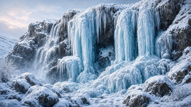 Partly frozen waterfall with blue ice columns and icicles, snowy rocks, cold winter light, original AI nature wallpaper