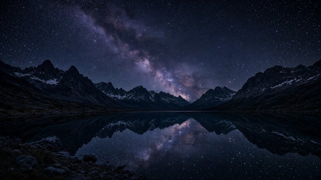 High mountain lake at night reflecting a star-filled sky and Milky Way, dark peaks around, astrophotography, original AI nature wallpaper