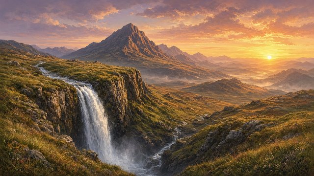 Waterfall dropping from grassy highland plateau with distant mountain behind at sunset, warm sky, original AI nature wallpaper