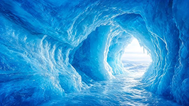 Inside a glacier ice cave with translucent glowing blue walls and light at the entrance, original AI nature wallpaper