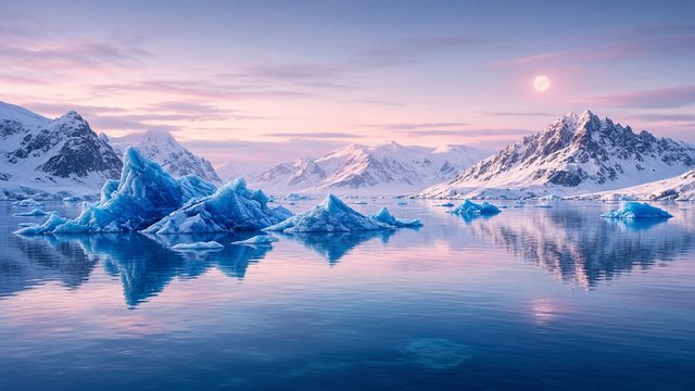 Blue icebergs floating in a still arctic bay beneath snowy coastal mountains, pale pink midnight sun light, original AI nature wallpaper