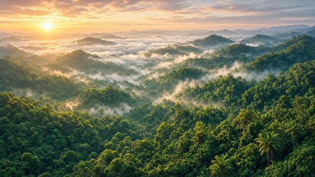 Dense tropical jungle canopy with mist rising between hills at sunrise, vibrant greens, aerial view, original AI nature wallpaper