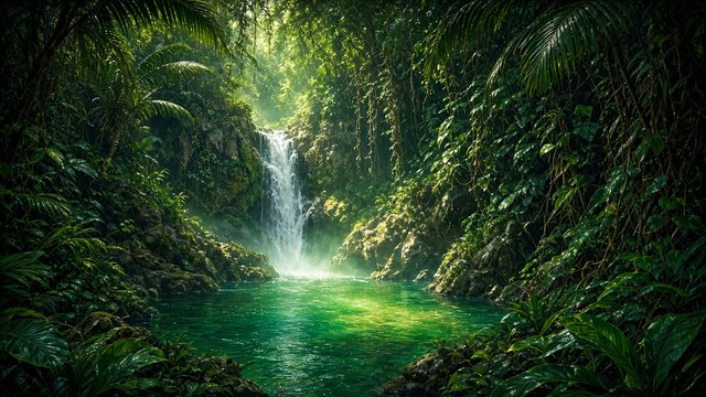Hidden tropical waterfall pouring into an emerald jungle pool framed by palms and vines, original AI nature wallpaper