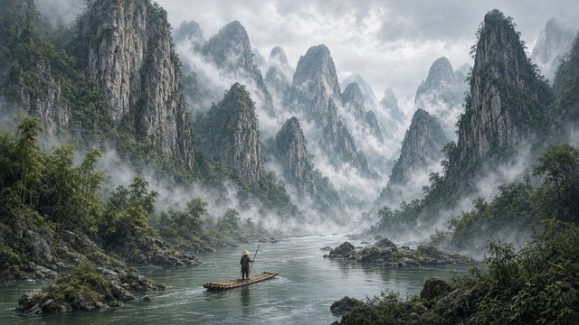 Tall limestone karst peaks rising above a winding misty river with a bamboo raft, original AI nature wallpaper