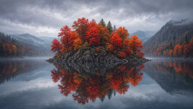 Small island with fiery red and orange autumn trees in a calm dark-blue lake, reflections, overcast soft light, original AI nature wallpaper