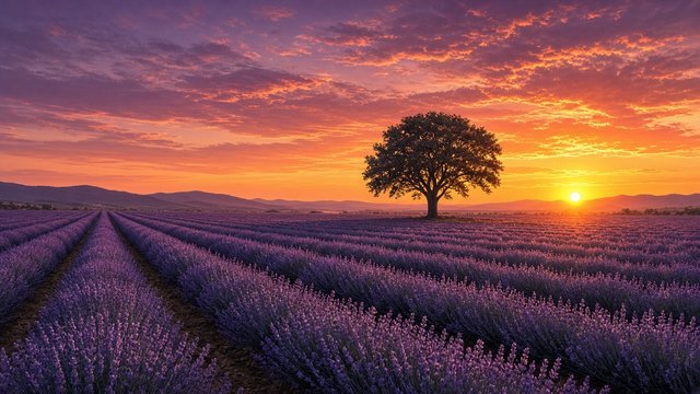 Rows of purple lavender stretching to the horizon with a lone tree at sunset, warm sky, original AI nature wallpaper