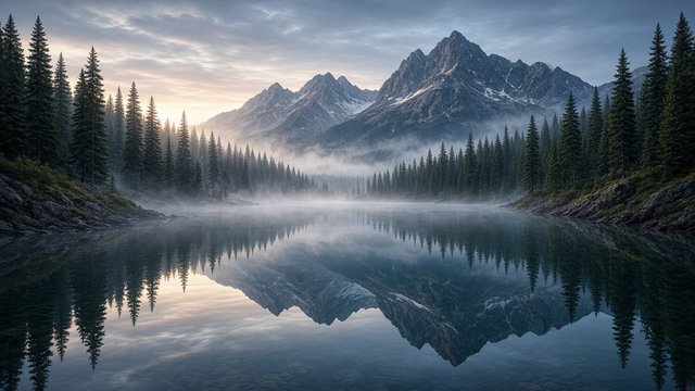 Perfectly still mirror lake reflecting dark pine forest and mountains, faint morning mist on the water, original AI nature wallpaper