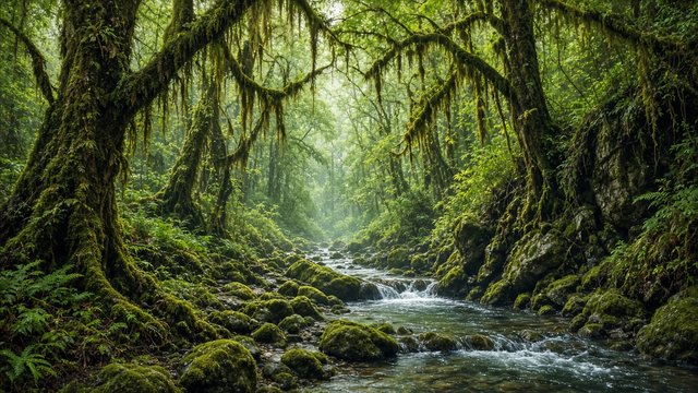 Lush temperate rainforest with moss-draped trees and a clear stream over rocks, soft green diffused light, original AI nature wallpaper