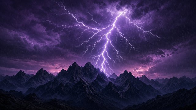 Violent lightning bolt striking behind dark mountain range at dusk, purple storm clouds, rain curtains, dramatic weather photo, original AI nature wallpaper