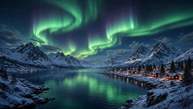 Wide view of green northern lights over a quiet snowy fjord with tiny red wooden cabins glowing along the shoreline, original AI nature wallpaper