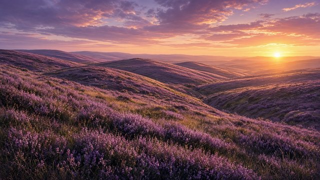 Rolling hills covered in blooming purple heather glowing under a warm sunset with long shadows, original AI nature wallpaper