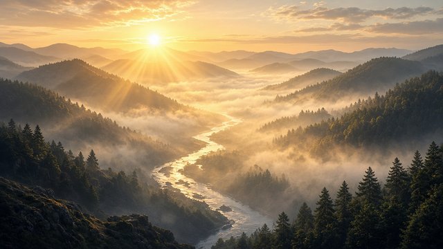 Winding river through a fog-filled valley at sunrise, sun rays over forested hills, warm light, original AI nature wallpaper