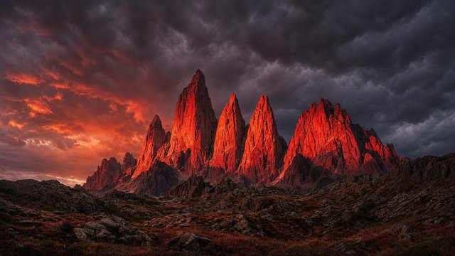 Dramatic granite spires and needle peaks lit fiery red by sunset, dark storm clouds behind, wild Patagonia-style landscape, original AI nature wallpaper