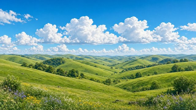 Smooth rolling green hills under big white cumulus clouds and blue sky, soft shadows, fresh spring, original AI nature wallpaper