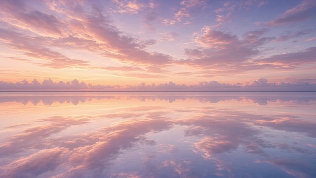 Vast flooded salt flat acting as a perfect mirror for pastel sunset clouds, endless horizon, minimal, original AI nature wallpaper