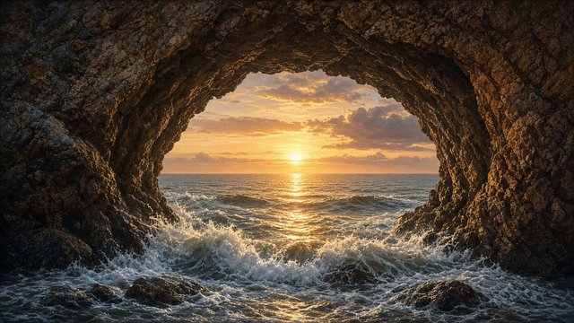 Natural rock sea arch framing the open ocean and a sunset sun, waves rushing through, warm golden light, original AI nature wallpaper