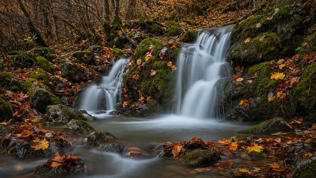Long exposure silky water cascade flowing over mossy rocks in an autumn forest, fallen leaves, original AI nature wallpaper