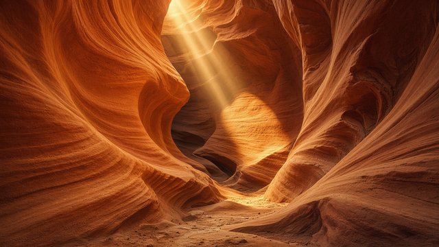 Narrow sandstone slot canyon with smooth wavy orange walls and a beam of light falling to the floor, original AI nature wallpaper