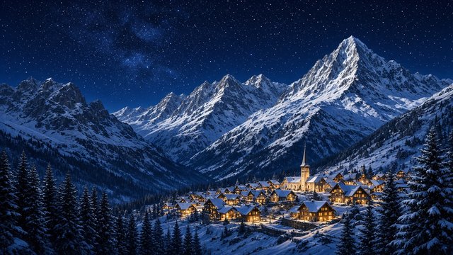 Tiny alpine village with warm lights nestled under huge snowy mountains on a clear starry winter night, original AI nature wallpaper