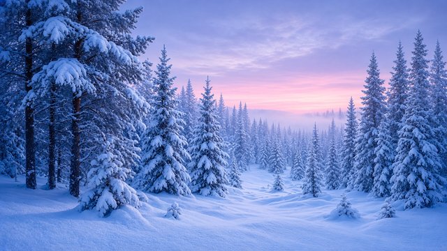 Snow-laden pine trees in a quiet forest at blue twilight, soft pink sky glow, fresh untouched snow, original AI nature wallpaper