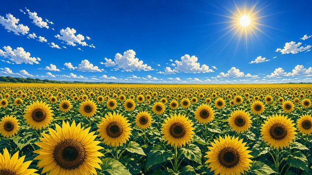 Vast field of bright sunflowers facing the sun under a deep blue summer sky, original AI nature wallpaper
