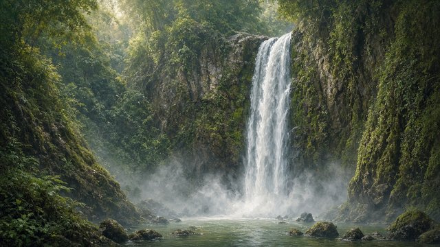 Tall ribbon waterfall plunging off a sheer green moss cliff into a misty pool, lush vegetation, soft light, original AI nature wallpaper