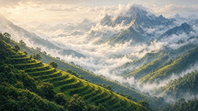 Green terraced hillsides climbing into soft drifting clouds among tall mountains, gentle morning light, wide landscape, original AI nature wallpaper