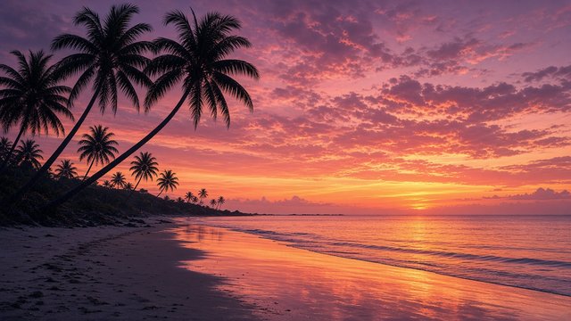 Silhouetted leaning palm trees over a calm tropical beach at dusk, pink and orange sky reflected on wet sand, original AI nature wallpaper