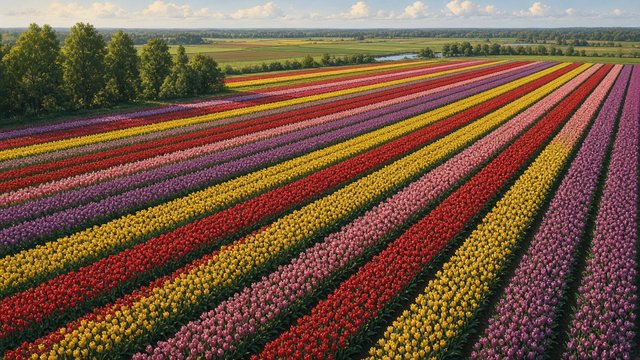 Aerial view of striped rows of red, yellow, pink and purple tulip fields in spring, original AI nature wallpaper