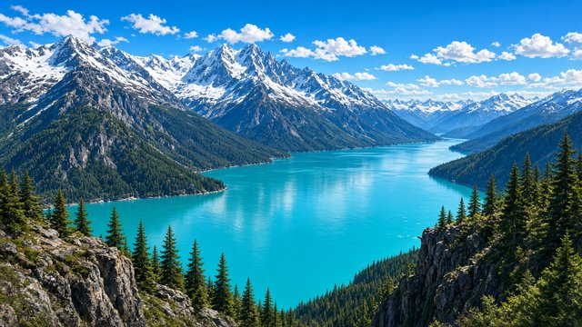 Vivid turquoise glacial lake surrounded by steep forested slopes and snowy peaks, clear bright day, high viewpoint, original AI nature wallpaper