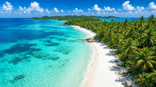 Aerial view of a crystal turquoise lagoon meeting a curving white sand beach and palm trees, bright tropical sun, original AI nature wallpaper