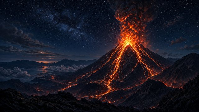 Erupting volcano with glowing orange lava flows under a starry night sky, distant view, dramatic, original AI nature wallpaper