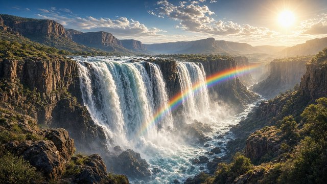 Powerful wide waterfall in a canyon with a vivid rainbow arcing through the spray, bright sun, original AI nature wallpaper