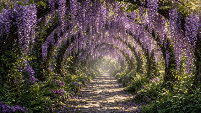 Garden tunnel draped with cascading purple wisteria blossoms and dappled light, original AI nature wallpaper