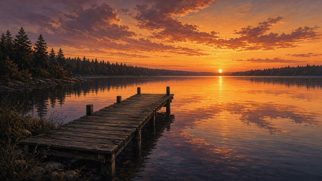 Old wooden dock stretching into a calm lake at sunset, orange sky reflected, distant tree line silhouettes, original AI nature wallpaper