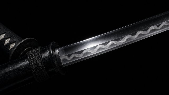 Close-up of a katana blade partly drawn from its black scabbard, wavy temper line glinting, dark background, original AI ninja wallpaper