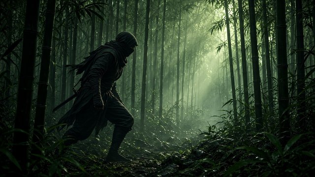 Original adult ninja moving silently through a misty bamboo forest, green light shafts, motion and stealth, original AI ninja wallpaper