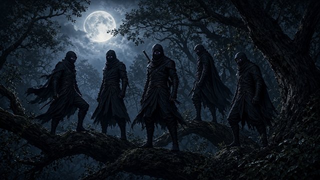 Group of five original adult ninjas in plain dark cloth hoods and face wraps, no headbands or forehead plates, standing on tree branches in a moonlit forest, glowing eyes, mysterious, original AI ninja wallpaper
