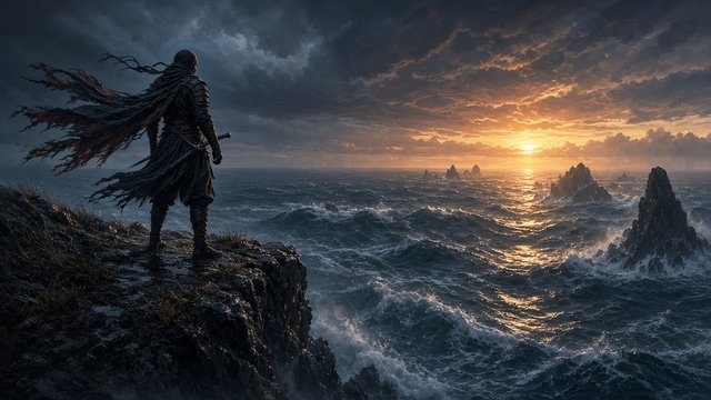 Original adult ninja standing on a cliff edge over a stormy sea at sunset, scarf blowing in the wind, original AI ninja wallpaper