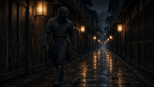 Original masked adult ninja in dark grey gear stepping through a narrow old wooden alley lit by warm paper lanterns at night, original AI ninja wallpaper