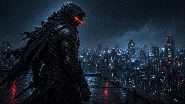 Original adult cyber ninja on a wet neon-lit rooftop at night, glowing red visor, rain, futuristic city below, no signs, original AI ninja wallpaper