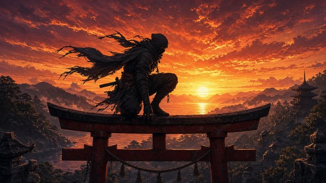 Silhouette of an original adult ninja crouching on top of a red shrine gate against a huge orange sunset, original AI ninja wallpaper