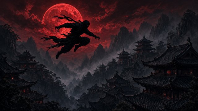 Black-clad original adult ninja silhouette leaping between pagoda rooftops beneath a blood-red moon, original AI ninja wallpaper