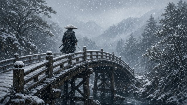 Lone original adult ronin with straw hat crossing an arched wooden bridge in heavy snowfall, quiet winter, original AI ninja wallpaper