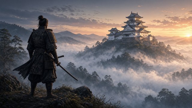 Original adult samurai looking toward a white Japanese-style castle rising above morning mist at dawn, original AI ninja wallpaper