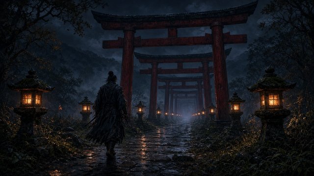 Original adult samurai walking a path lined with glowing stone lanterns and red gates at night, blank gates, original AI ninja wallpaper