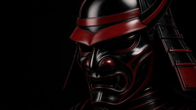 Close-up of a fierce black and red samurai war mask helmet on a dark background, smooth plain lacquer surfaces with no engravings, glyphs or characters, dramatic lighting, no people, original AI ninja wallpaper