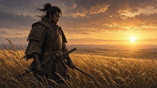 Lone adult samurai in weathered armor standing in a windswept golden wheat field at sunset, hand resting on sheathed sword, original AI ninja wallpaper