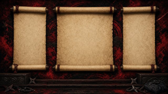 Three blank parchment scroll panels on a dark red and black background, ninja-themed desktop organizer, original AI organizer wallpaper