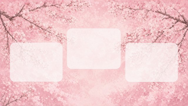 Flat 2D desktop wallpaper of pink cherry blossoms with three faint white translucent rounded rectangle zones overlaid flat, empty, no objects, no text, original AI organizer wallpaper